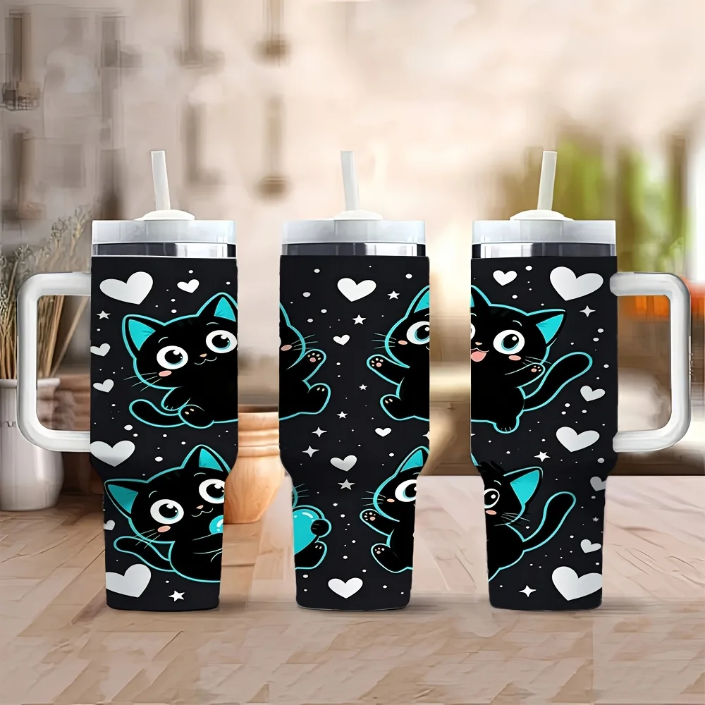 Halloween And Christmas 40Oz Cute Cartoon Black Cat White Heart Print Stainless Steel Tumbler with Handle And Straw Lid, Insulated Water Bottle for Home Office Travel Outdoor Car Daily Use