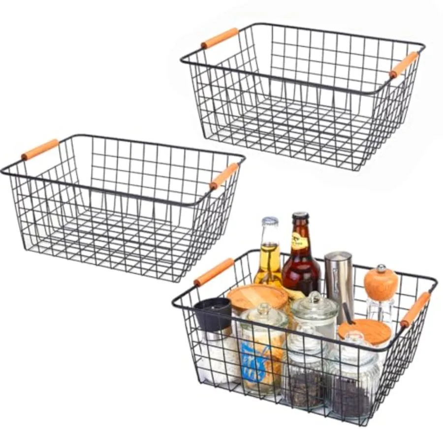

black wire baskets with Wooden Handles for storage pantry, Storage Organizer Baskets, Household Refrigerator for Cabinets, Clos