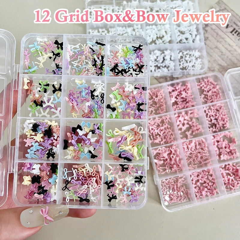 Conjunto de laço colorido com 12 grades, fita de resina, acessórios para arte em unhas, decoração diy, manicure, mini gemas para unhas