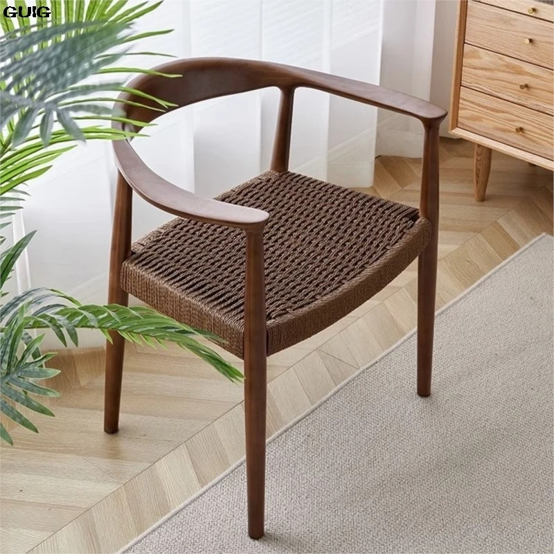 GUIG Japanese Casual Armchair Study Chair Tea Room Negotiation Chair Kraft Paper Rope Double-sided Braided Rope Dining Chair Hot