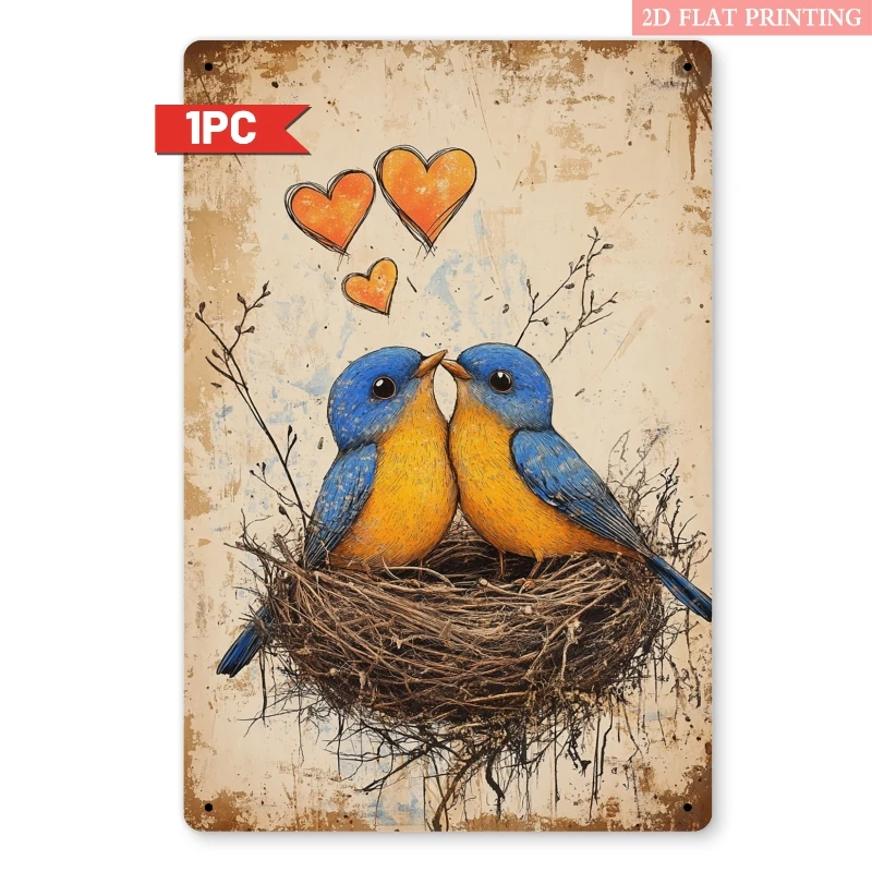 Letrero Metálico Vintage con Diseño de Pareja de Pájaros, Placa Decorativa Retro de 8x12 Pulgadas para Casa de Campo, Dormitorio o Cafetería