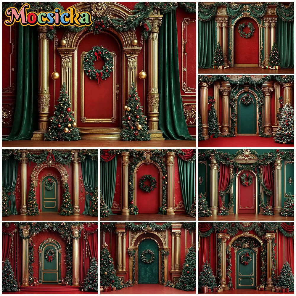

Mocsicka New Year Party Photo Backgrounds Palace Gold Pillars Red Curtains Green Wall Tree Christmas Decor Photography Backdrops