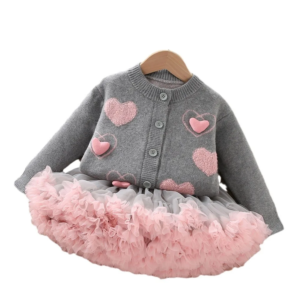 5470 Girls Clothes 2026 Autumn And Winter New Korean Girl's Suit Love Knitted Cardigan Coat+Tutu Princess Two-piece Suit