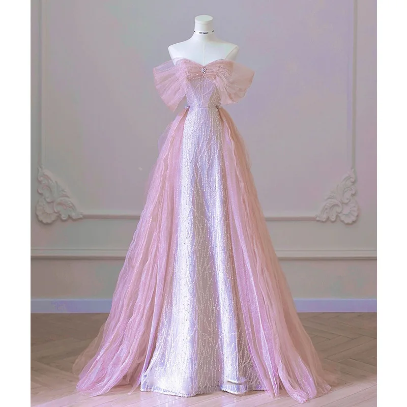 

Pink One-Shoulder Evening Gown 2024 New Wedding Dress Luxury Small Audience High-End Engagement Dinner Party Women's Dress