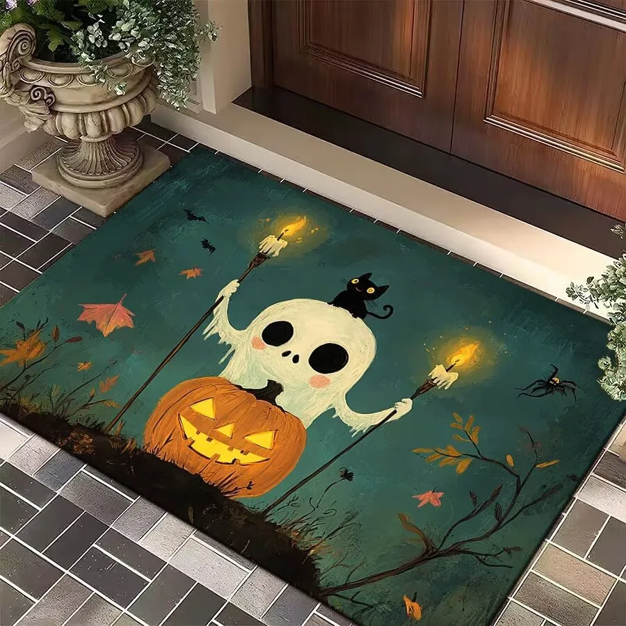 Halloween Cartoon Geist Kürbis Schwarze Katze Muster Fußmatte Rutschfester Teppich für den Eingangsbereich Halloween Party Dekoration
