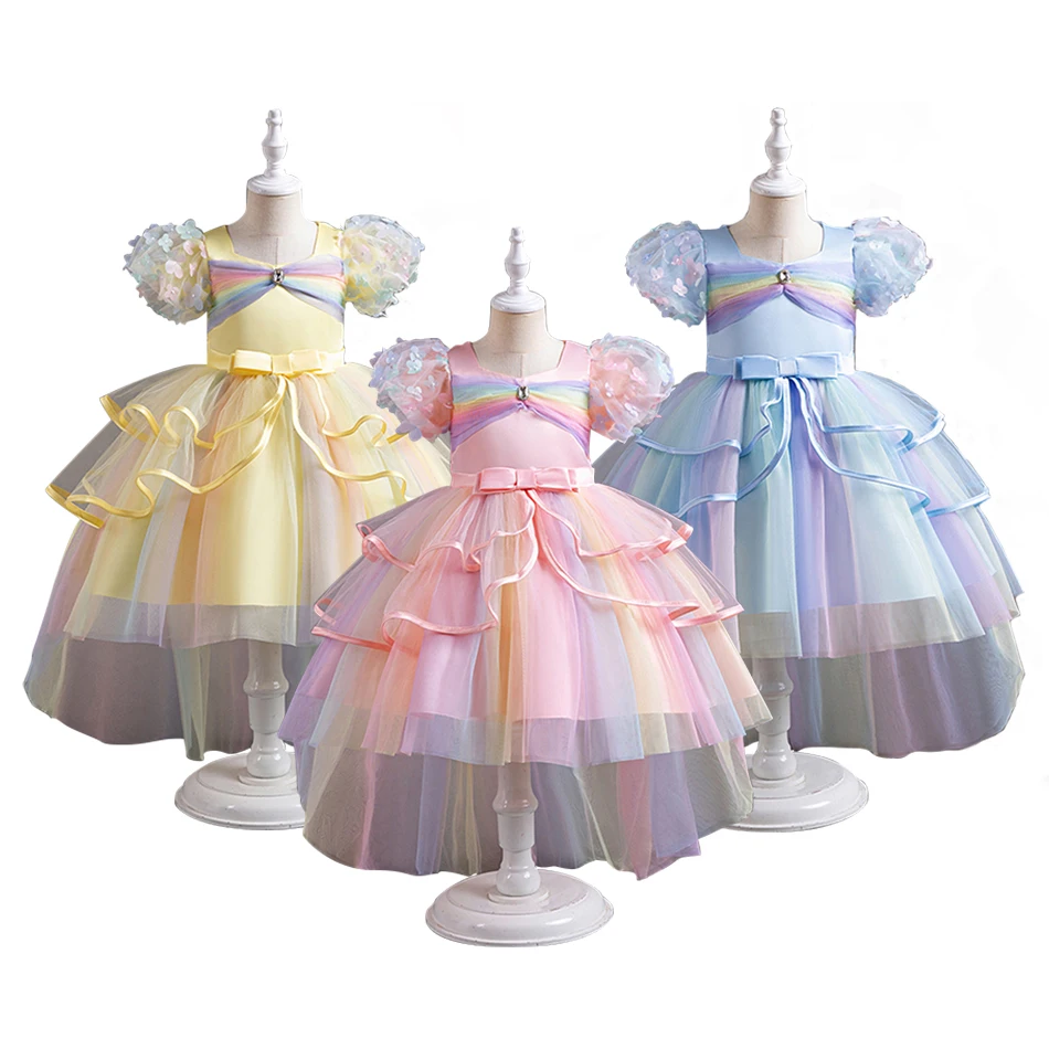 Elegant Kids Colorful Tulle Cosplay Dress with Long Train Ball Gown Perfect for Pageants Birthday and Other Special Celebrations