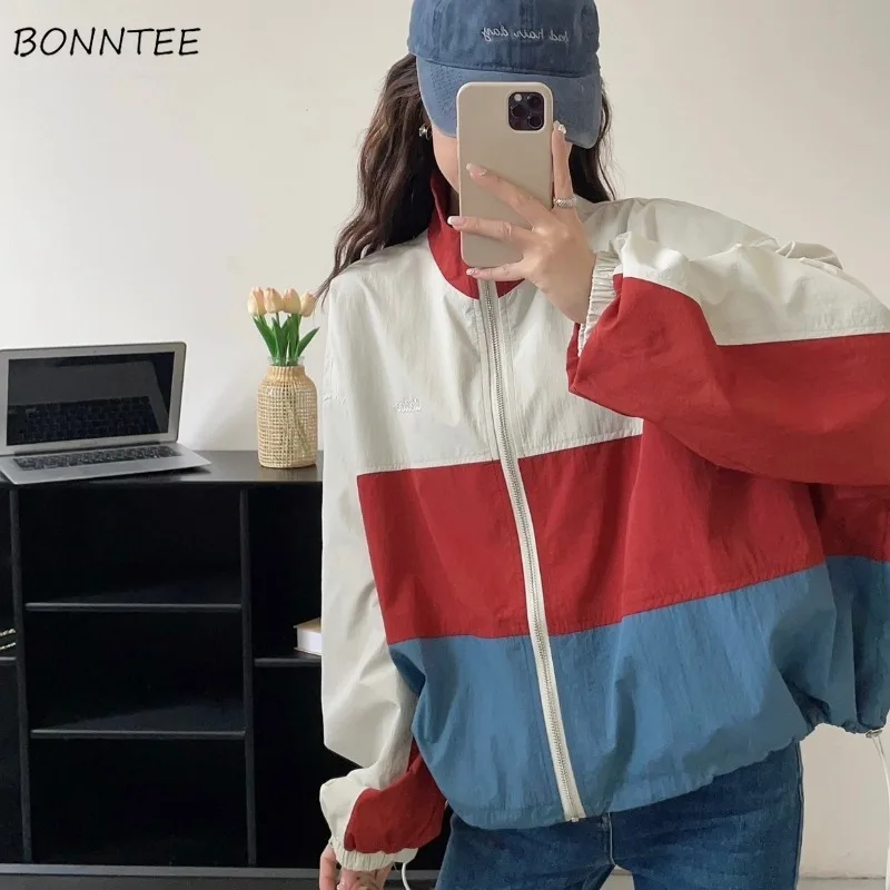 

Basic Jackets Women Panelled Spliced Stand Collar Batwing Sleeve Zipper Cardigan Ladies Students Summer Hong Kong Style Coat