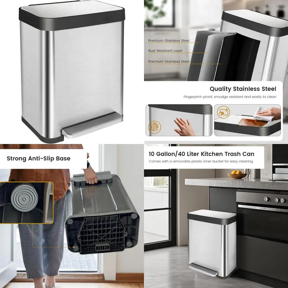 

Hands-Free Stainless Steel Trash Can with 10 Gallon Capacity, Removable Bucket, Soft Close Lid - Modern Kitchen Waste Management