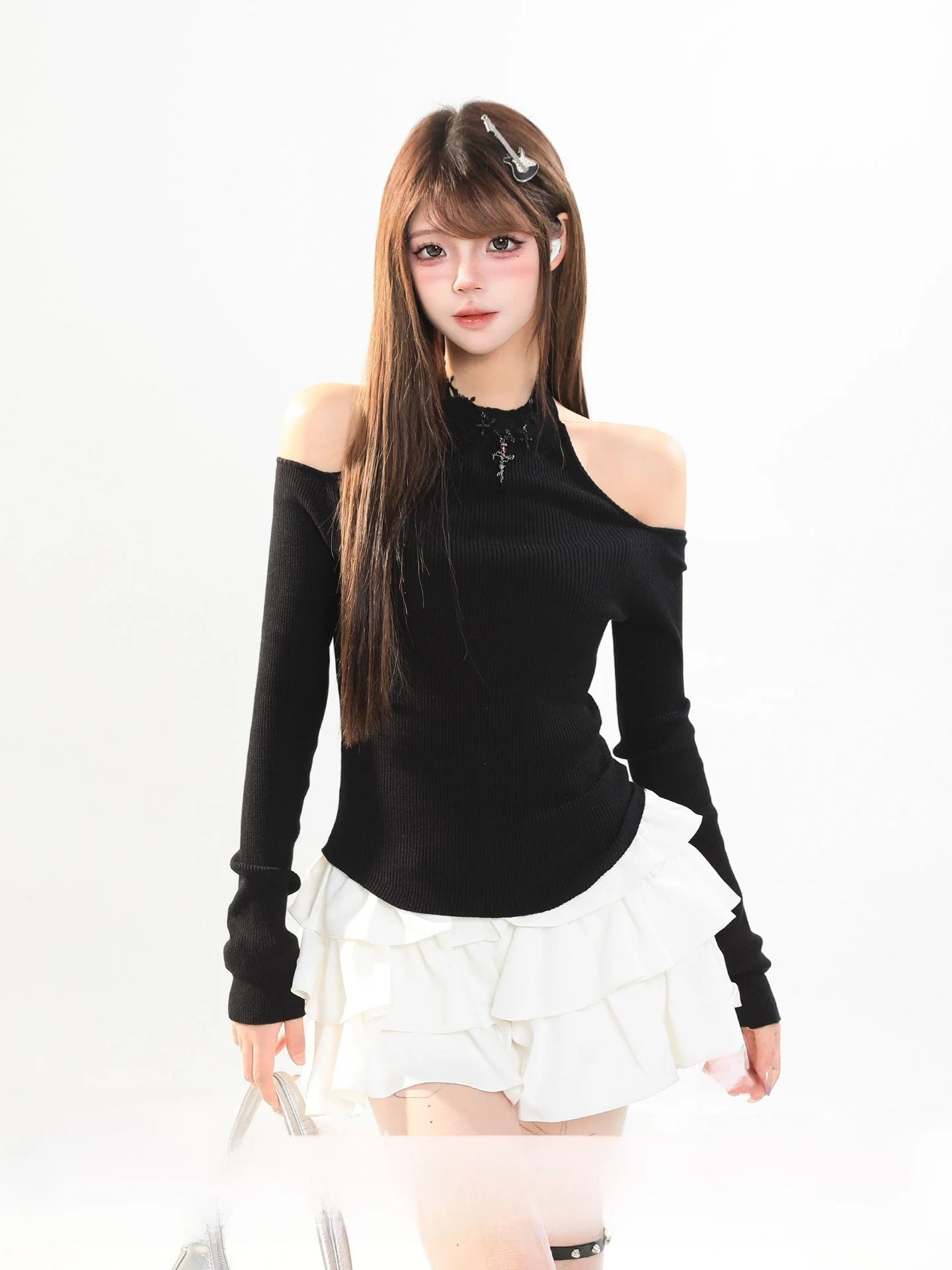 

Женский укороченный вязаный свитер с открытыми плечами, облегающий, весенний дизайн, двусторонний, модный, молодежный топ