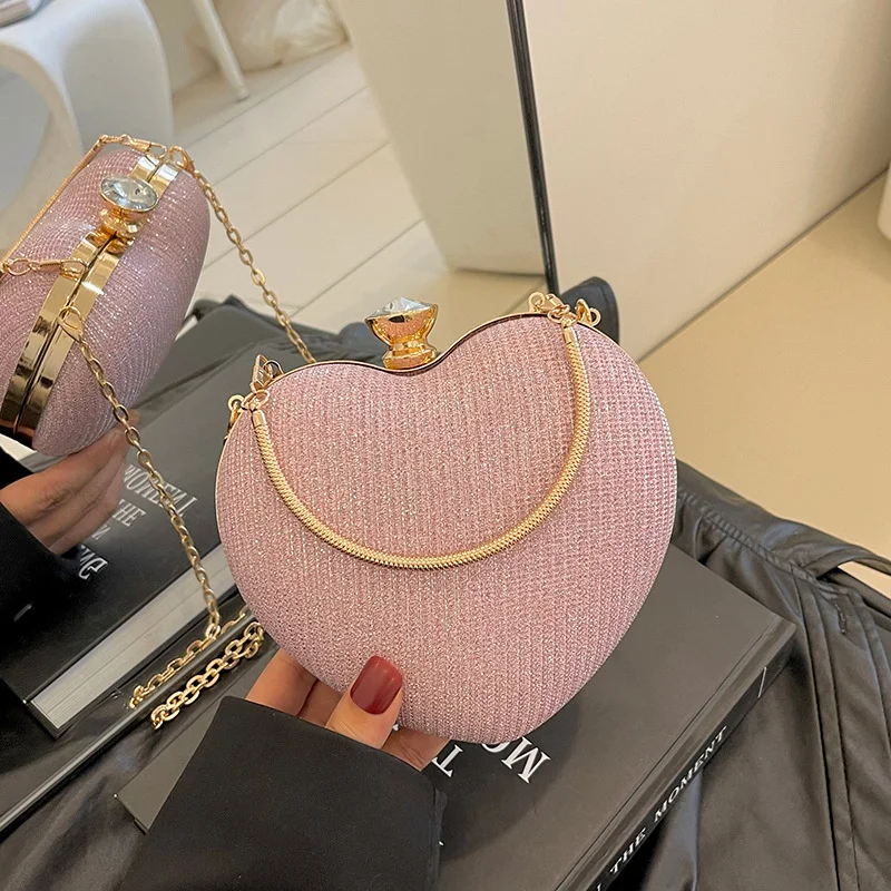 Abend Clutch Tasche Frauen Tasche Glänzende Handtasche Herz Form Metall Kupplungen Tasche Mode Kette Schulter Umhängetasche Luxus Dame Geldbörse – Detail 20