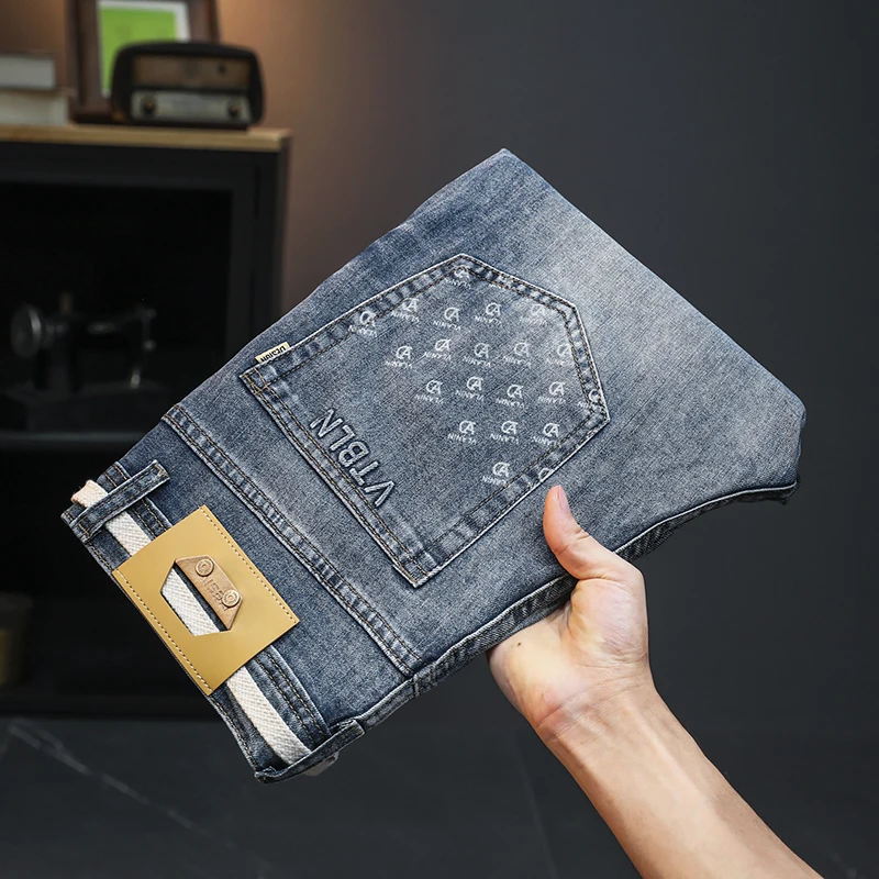 2024New Versatile Summer Thin High-End Denim Shorts Men's Stretch Casual Fashion Printing Loose Straight Fifth Pants