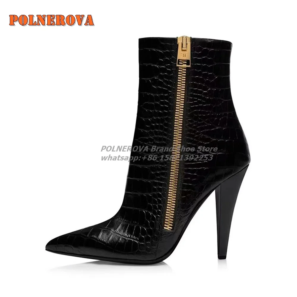 

Black Croc-Pattern Zip Ankle Boots Pointed Toe Stiletto Patchwork Elegant Luxury Shoes Dress Party Concise Booties 2024 Autumn