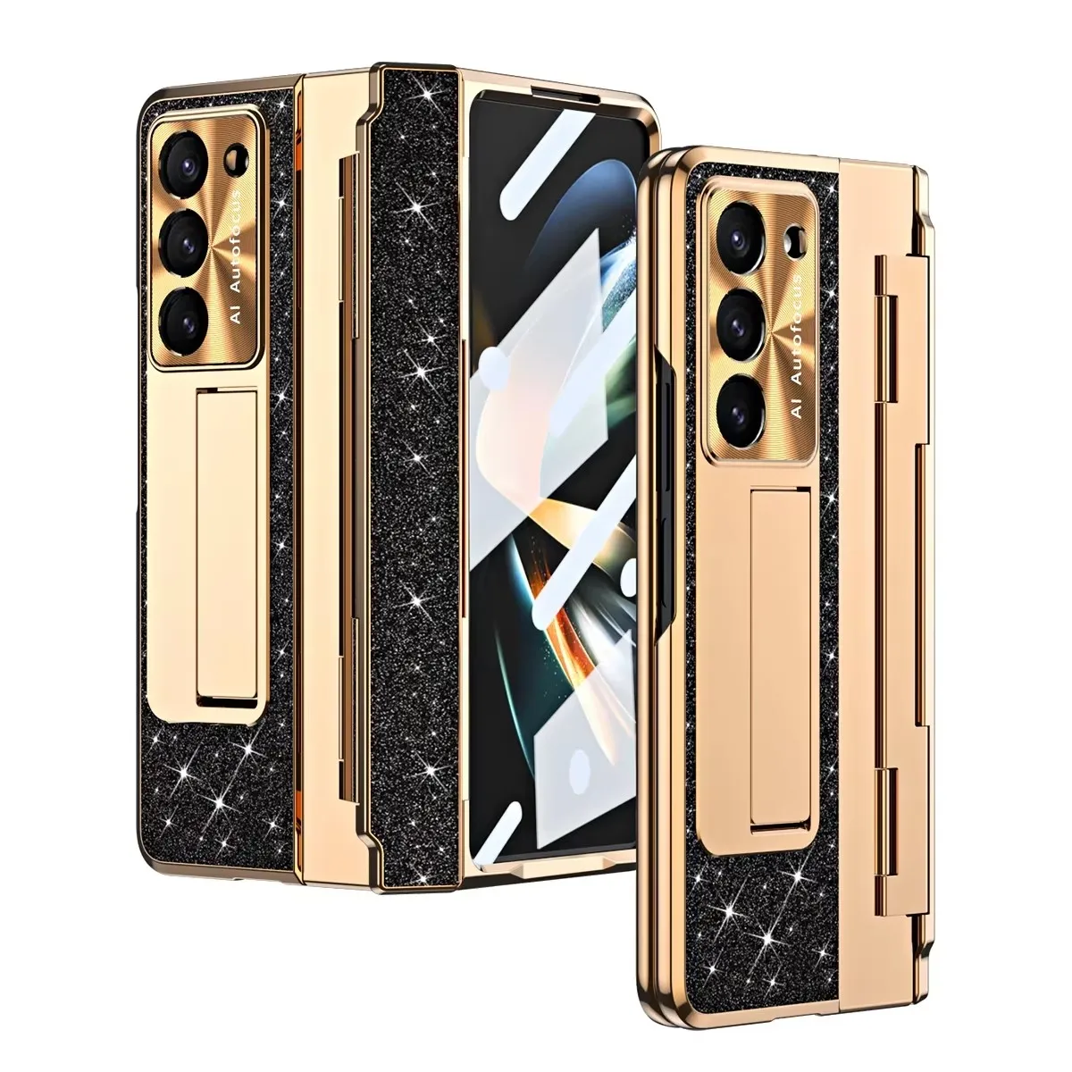 

Glitter Plating Leather Bracket Hinge Protection Case For Samsung Galaxy Z Fold 6 5 4 3 Case With Screen Protector Cover