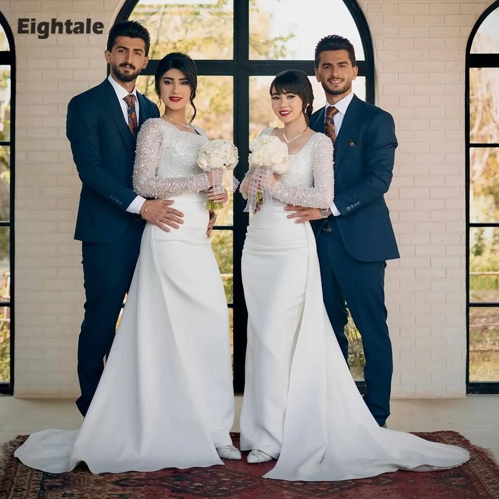 

Eightale Arabic Wedding Dresses Sequin Customized Satin Corset Long Sleeves Ivory Mermaid Bridal Gowns Vestidos De Novia