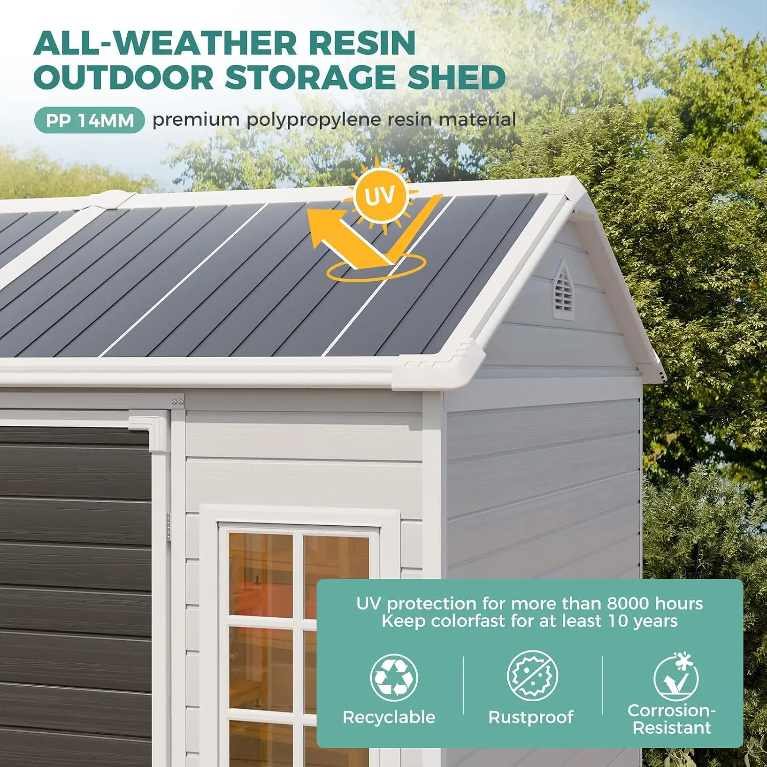 8x6 FT Resin Shed with Floor 14MM Thick Panel Outdoor Storage Garden Tool House, Customized