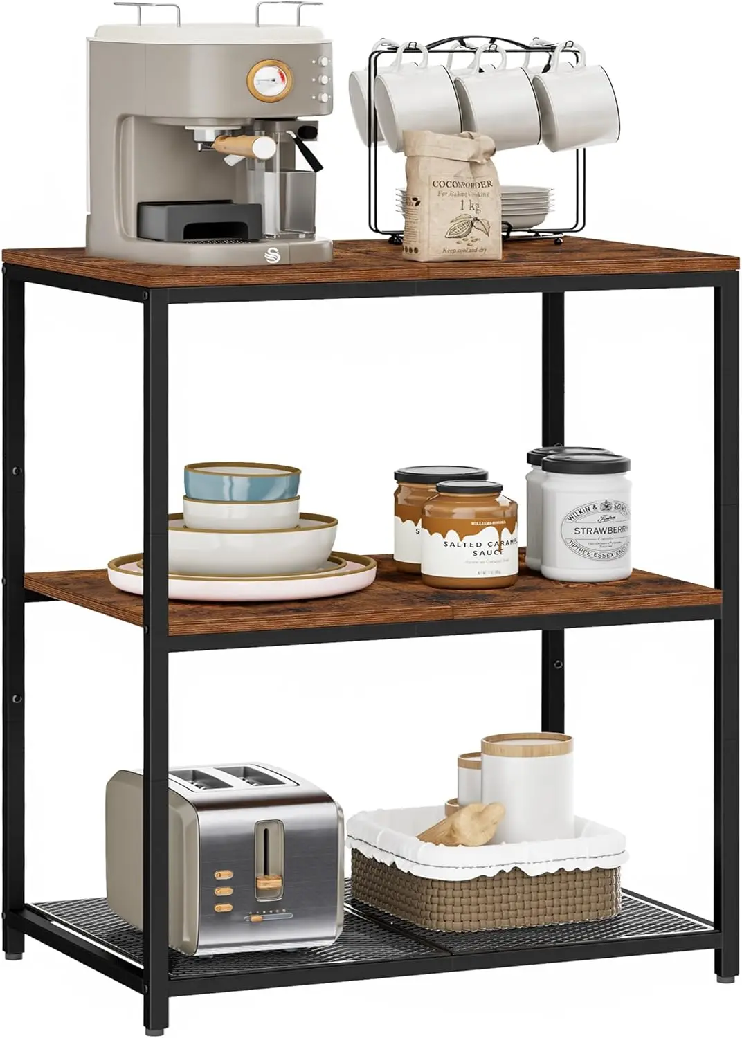 3-Tier Kitchen Island with Large Workstation, Metal Frame, Rustic Brown and Black - Versatile Storage Solution