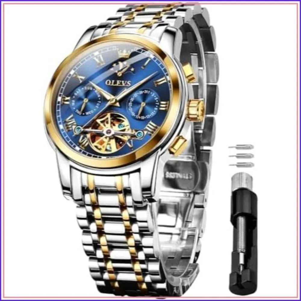 Men's Automatic Skeleton Tourbillon Mechanical Watch Moon Phase Day Date Waterproof Luminous Dress Watch