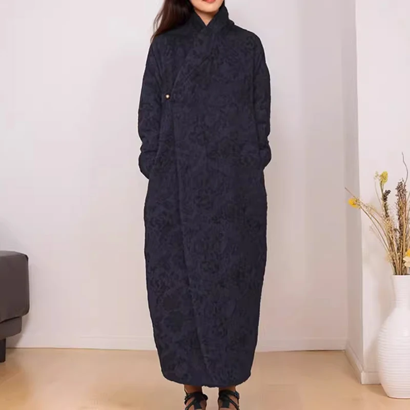

Chinese Vintage Hanfu Jacquard Cotton Linen Long Robe Women's One Button Jacket Japanese Kimono Style Warm Quilted Winter Coat
