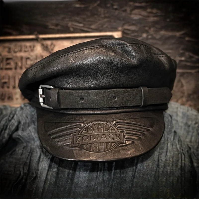 Motorcycle leather thick cowhide hat men's beret flat overcornice