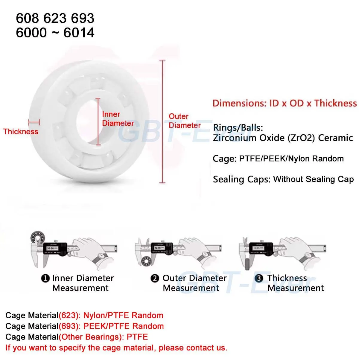 Full Ceramic Bearing 608 623 6000 6001 6008 6009 6014 MR105 MR106 ZrO2 Ball Bearing Zirconia Oxide Bearing Ceramic Ball Bearings