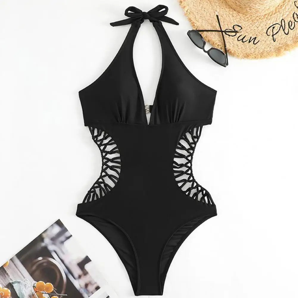 Maiô monokini de peça única para mulheres, elegante monokini de praia, detalhamento trançado, alto para o verão, secagem rápida