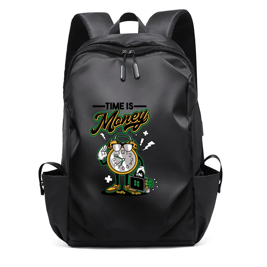 

Men Laptop Backpacks Oxford High School Rucksack College Boy girl Student Backpack Cartoon Anime Time Is Money Pattern Printed