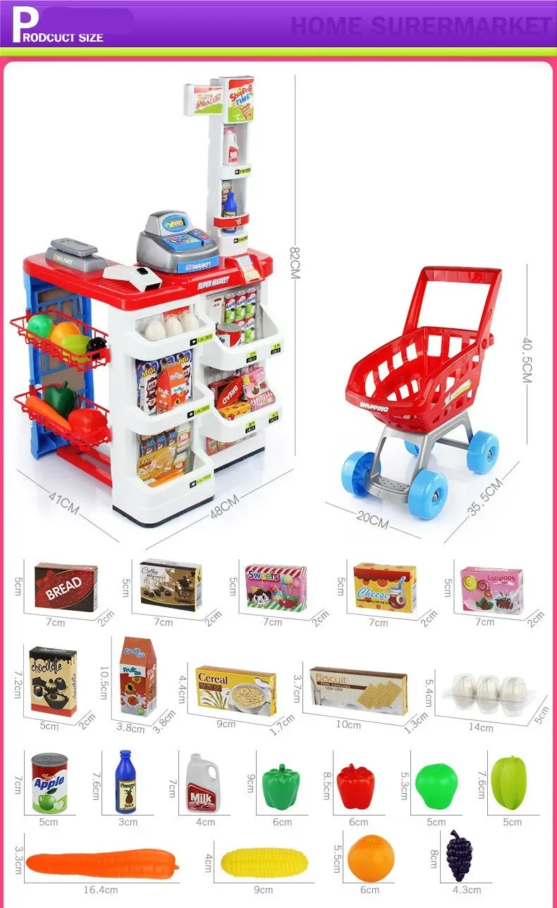 [Funny] 34pcs/set Simulation supermarket red cash register cart shelf set fun toy pretend play imitate cashier salesclerk gift