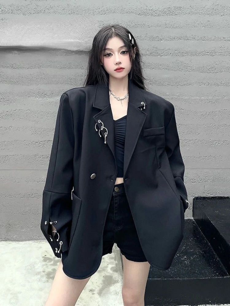 American High Street Suits Metal Decoration Pockets Notched Collar Long Sleeve Blazers Casual Loose All Match Women's Clothing