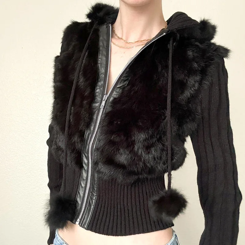 

Ins Women's Solid Color Fur Patchwork Knitted Groove Strip Waist Slimming Hooded Short Jacket New