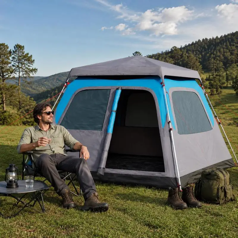 Tente de camping dôme pour 4 personnes, bleue, à démontage rapide, idéale pour la randonnée en banlieue, le camping en bord de lac et les séjours de nuit en bord de mer, avec une excellente imperméabilité.