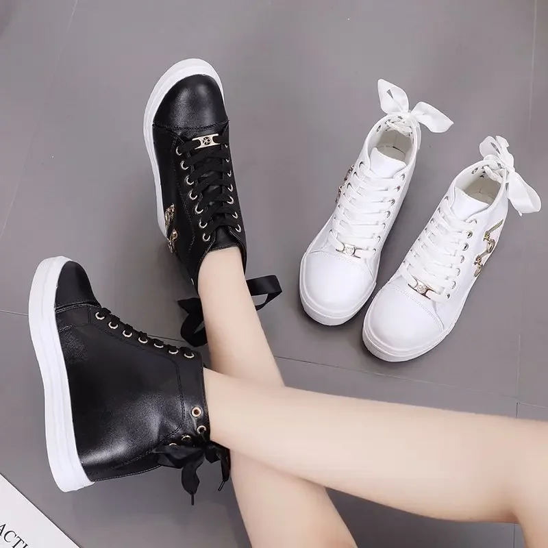 Women\'s Sneakers with Platform Wedge Heels Shoes for Woman Leather Casual Shoes White High Top Sneaker Lady Vulcanized Shoes