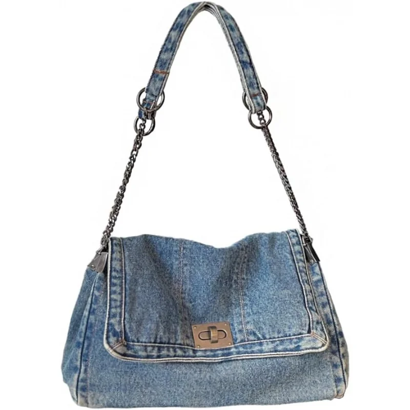

Women's Denim Shoulder Bag Denim Tote Bag Adjustable Chain Shoulder Strap Crossbody Bag Fashion Wallet Handbag