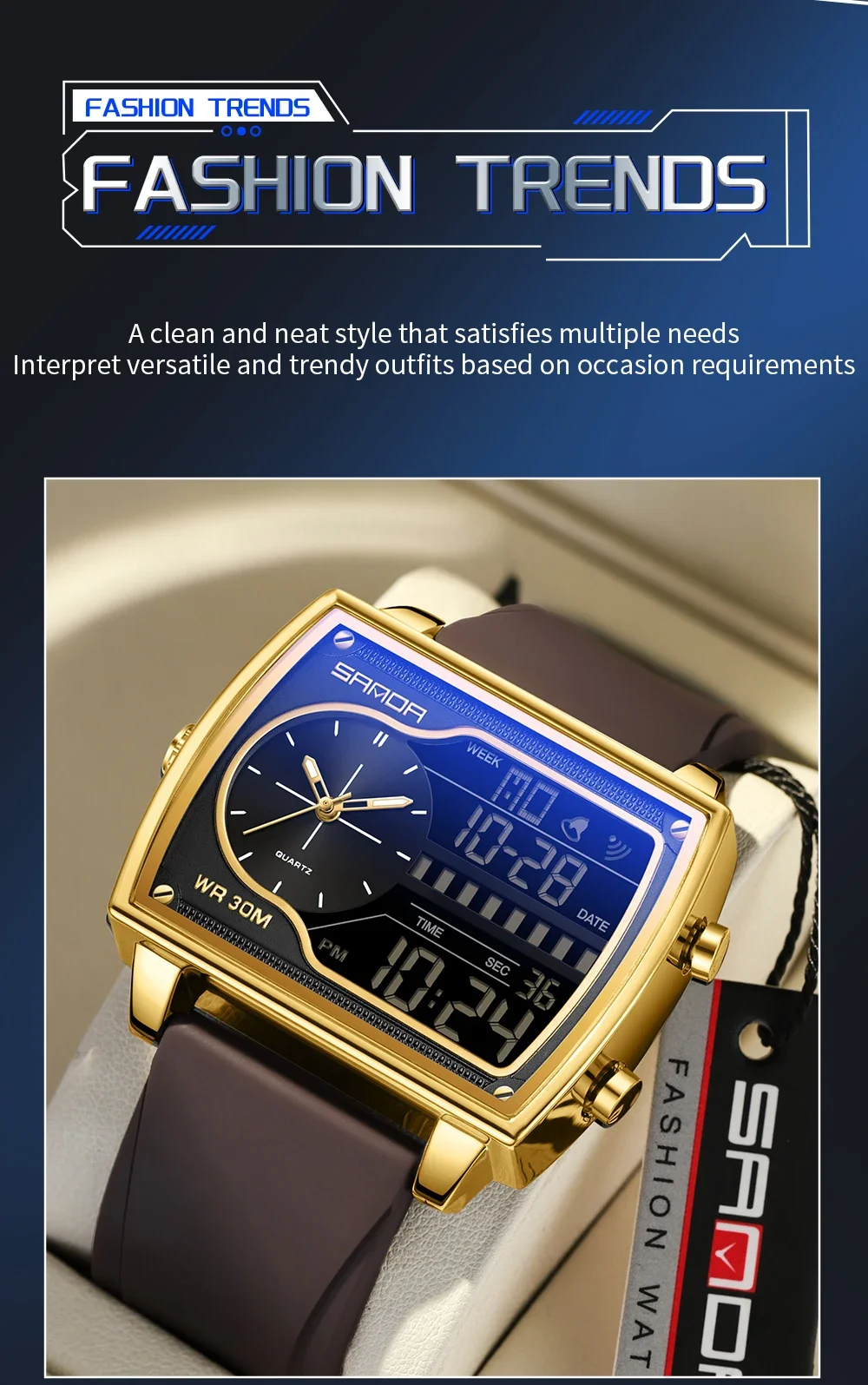 SANDA 6163 Fashion Trend Men's Quartz Watch Fashion Square Watch