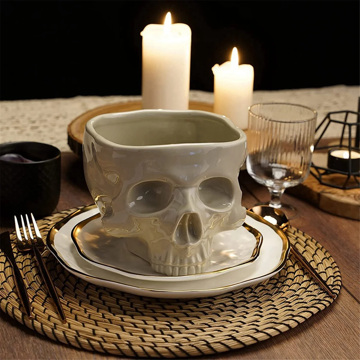 JAS-Retro Tabletop Decor Porcelain Gothic Skull ชามพาสต้าฮาโลวีนบนโต๊ะอาหารบาร์อาหารก๋วยเตี๋ยวสลัดลูกอมชามเซรามิค S