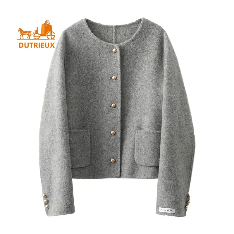 New Winter Women\'s Coat , High-end Double-sided 100% Wool Coat Gentle Short Top Round Neck Elegant Cashmere Jacket for Travel