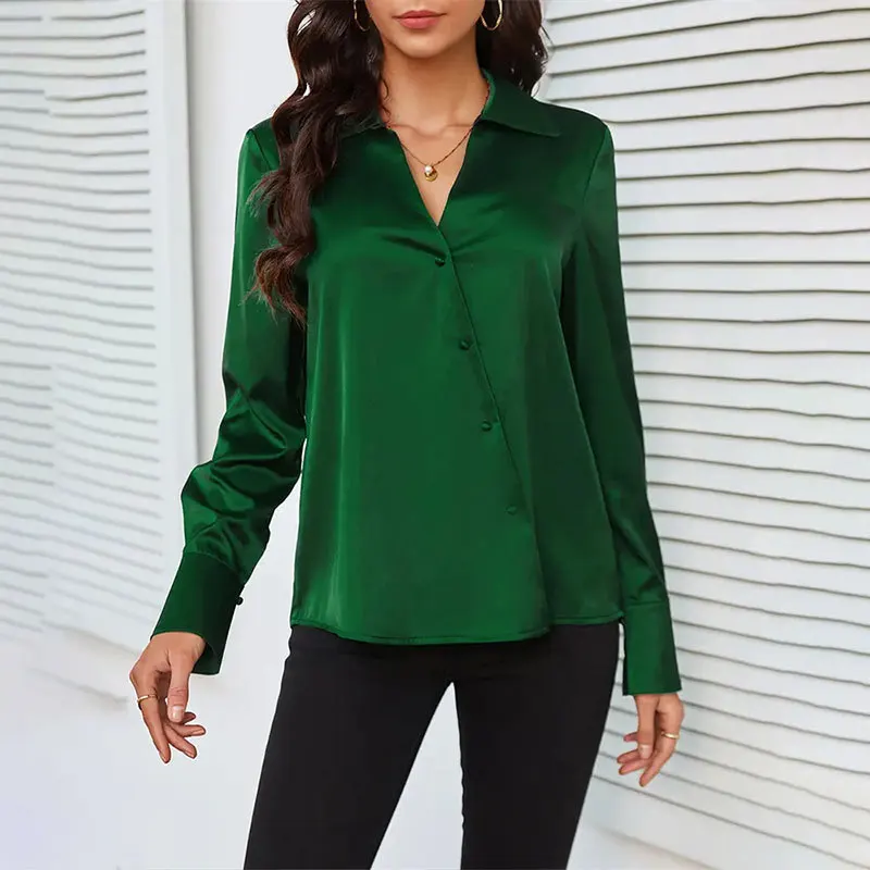 New Green Ladies Satin Shirt Cross V-neck Top Women\'s Shirt Sleeves Open Button Shirt Sleeves Elegant 2024 Autumn Women\'s Blouse