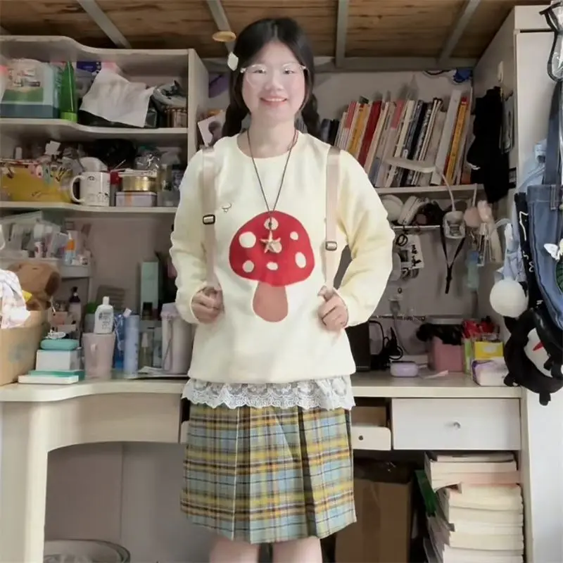 Sudaderas con estampado de setas de dibujos animados americanos, blusa holgada de manga larga de albaricoque, estilo pijo coreano, deportes de ocio para chicas jóvenes