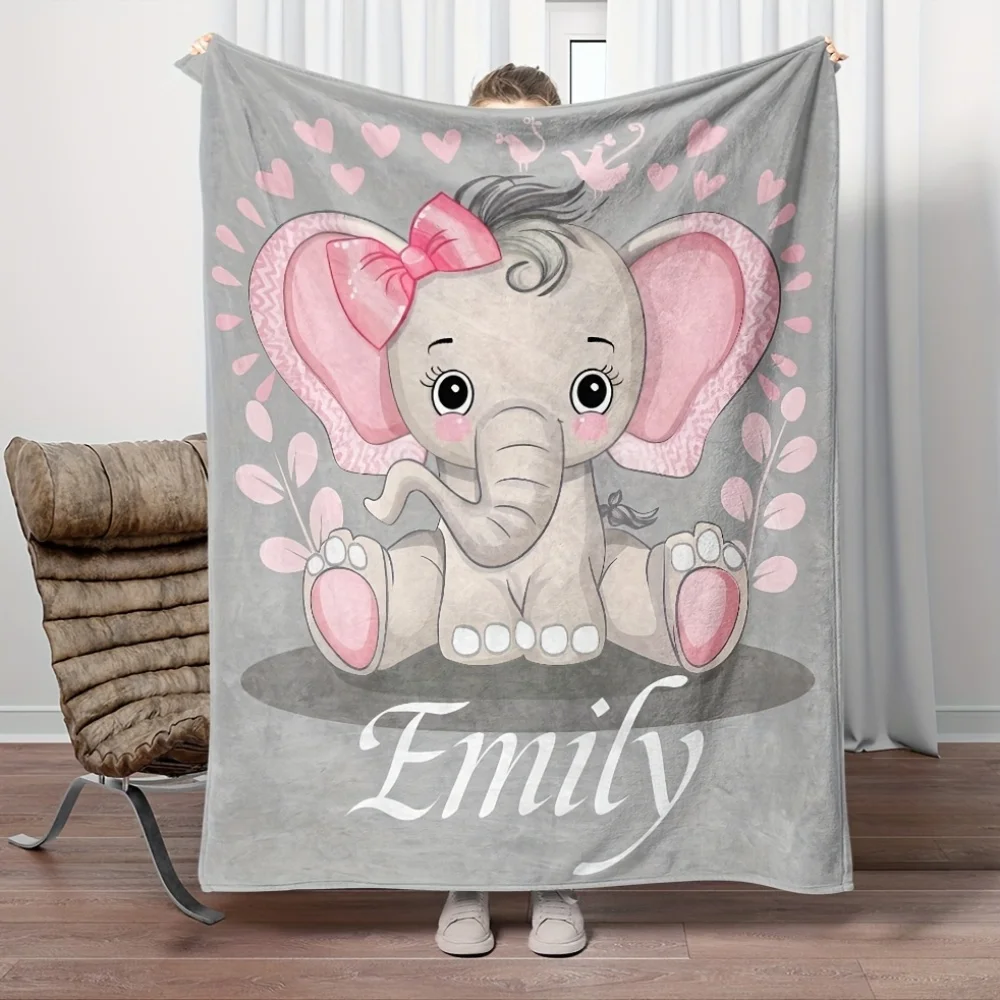 Cute Personalized Baby Elephant Name Blanket Plush Throw for Girls Nursery Decor Gift Keepsake Shower Bedding