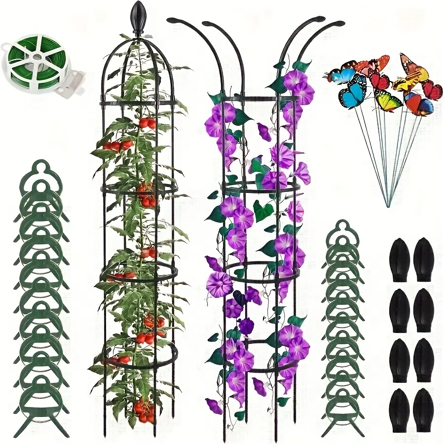 Obelisk Trellis for Climbing Plants Outdoor 6.6ft, Garden Tower Trellis for Potted Plants Indoor with Twist Tie, Clips and Butterflies Rustproof Coated Metal Support for Vines Rose 2Pack