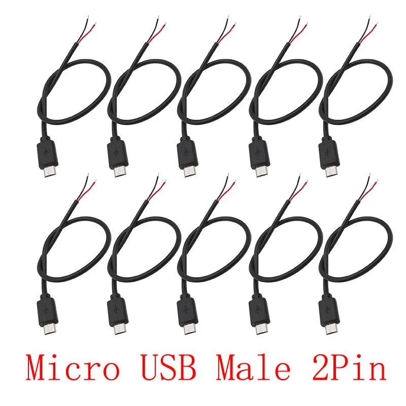 10Pcs/lot Black DC 5V Micro USB 2 Pin Male Plug to Bare Wire Open-end Power Cable Connector Micro USB Charging Plugs DIY Repair