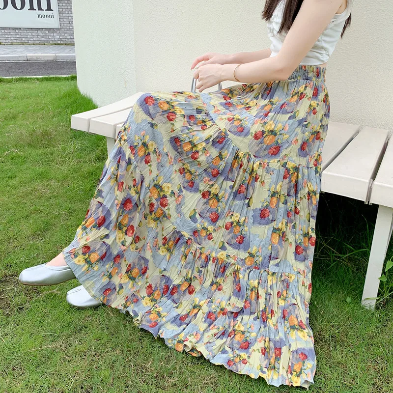 

Женская плиссированная юбка, элегантная юбка с высокой талией и цветочным принтом, в стиле ретро, весна-лето 2024