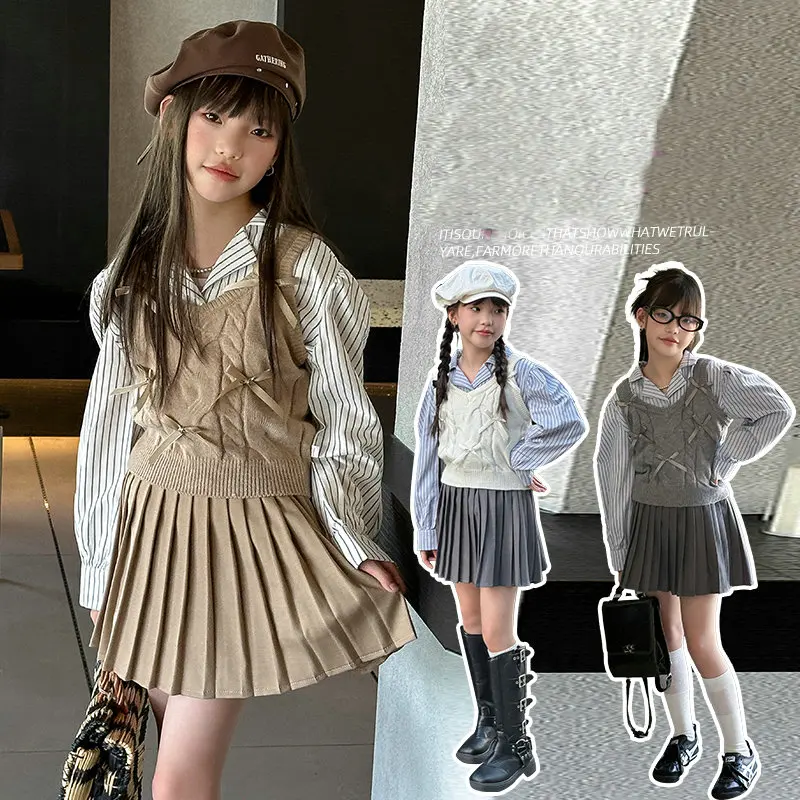 

autumn teenage girls JK skirts set Sweater Vests+Striped shirt+Pleated skirt 3pcs junior kids suit children outfits conjuntos 12