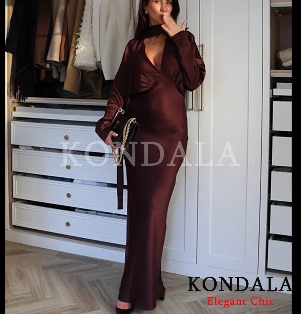 KONDALA Abito lungo da donna in raso con scollo a V per festa di Natale 2026 Abito da donna elegante per le vacanze di moda primavera inverno 2026