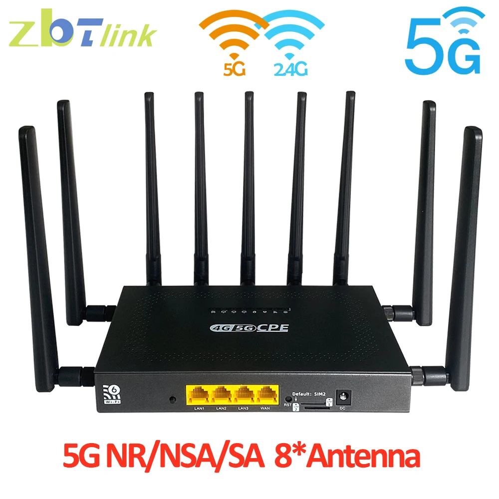 Zbtlink Unlocked 5G WIFI6 Router Two Sim Card 3000Mbps Wifi 5g Modem RM520N-GL 2.4Ghz 5Ghz 4×4 MIMO CPE WIFI Router 8 Antenna