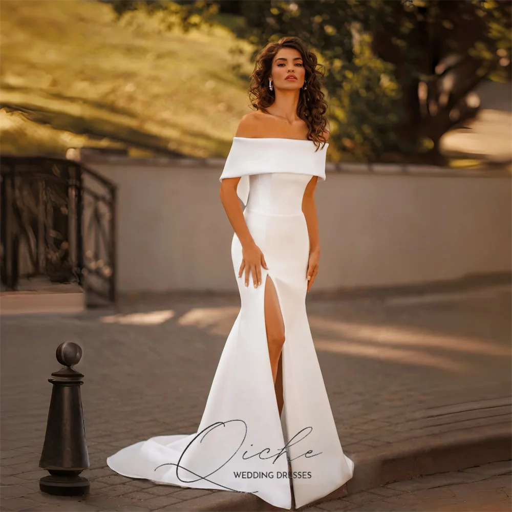 

QICHE Elegant Off The Shoulder Mermaid Wedding Dress Lace-up Satin High Slit Open Back Bridal Gown Vestidos De Noiva Customized