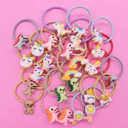 2Pcs/Set Kawaii Cartoon Animal Dinosaur Unicorn Resin Children's Elastic Bands For Girl Hair Accessories Baby Hair Ties Ornament