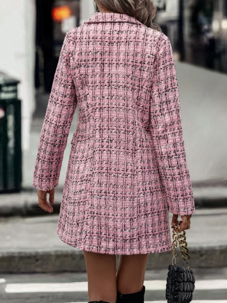 

Fall Winter New Long Sleeve Slim Commute Outerwear Women Double Breasted Simple Overcoat Stylish Contrast Color Lapel Suits Coat