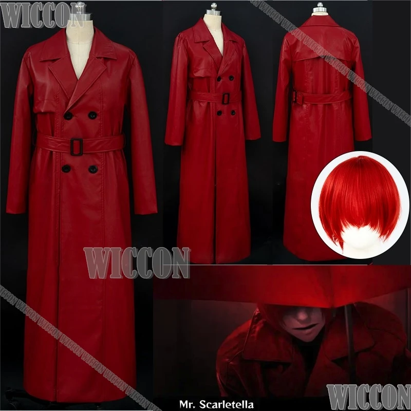 Mr Scarletella Game Homicipher Cosplay Costume The Enigmatic Antagonist Red Wig Red Trench Coat Women Men Holloween Customized