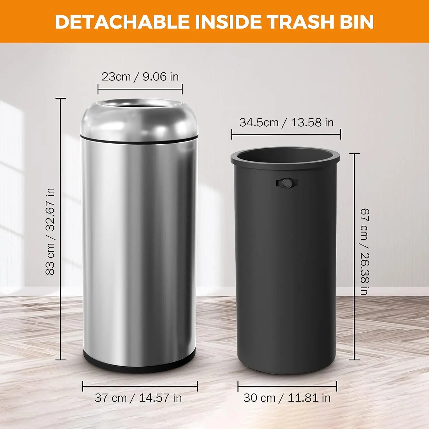 

16.5 Gallon Trash Can Black Open Top Large Outdoor Indoor Commercial Stainless Steel Industrial Waste Basket Container