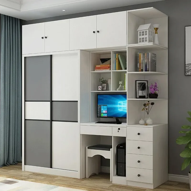 Modern Sliding Door Wardrobe with Integrated Computer Desk Large Storage Cabinet for Bedroom Home Office Furniture Combo